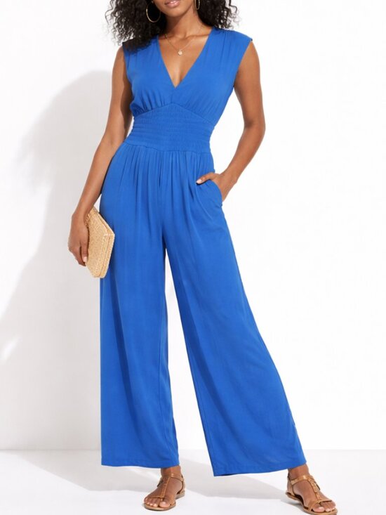 Old Navy Pants - Old Navy Blue Sleeveless V-Neck Smocked Waist Jumpsuit | XS